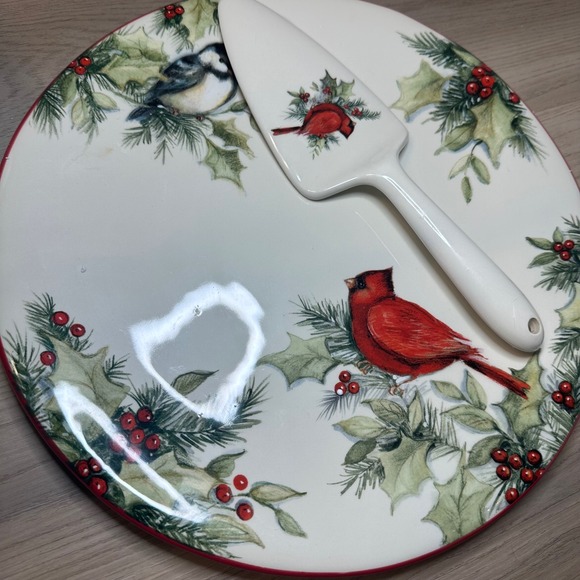 Holiday Inspirations Ceramic Cake Plate Server Set Cardinal‎ Berries Christmas - Picture 2 of 4